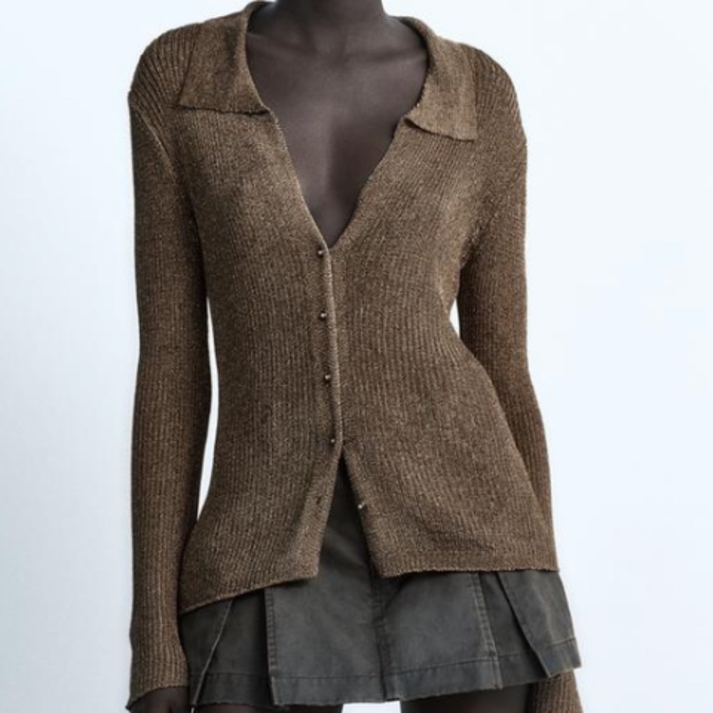 Zara Brown Ribbed Button-Up Cardigan